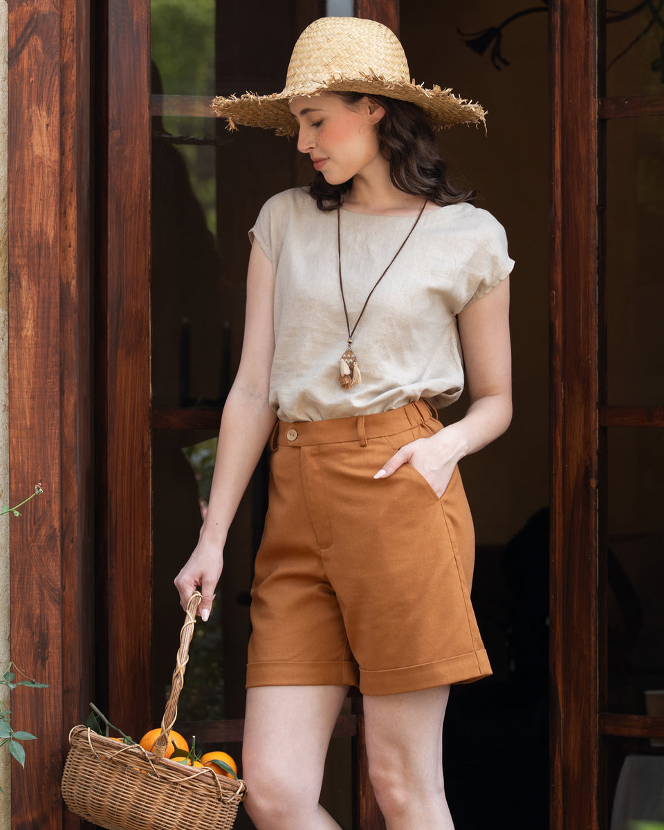 High Waisted Linen Shorts for Women | Pleated Cuffed Summer Shorts