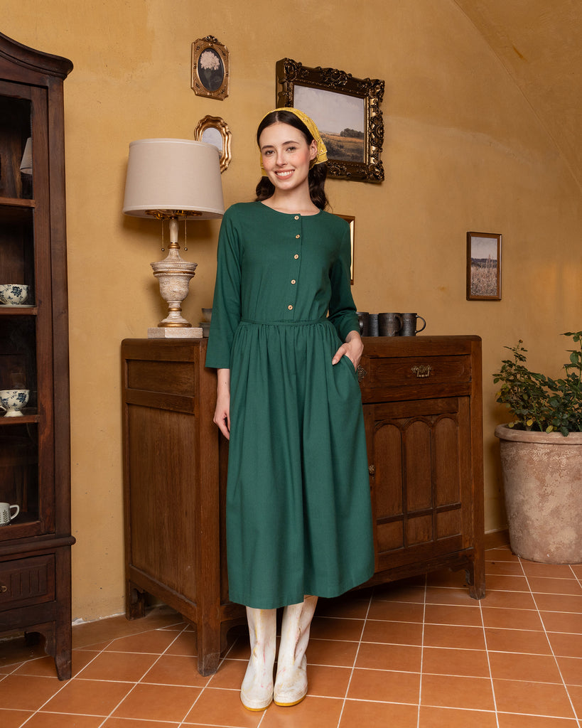 Button Front Linen Dress - Camille Dress | Green