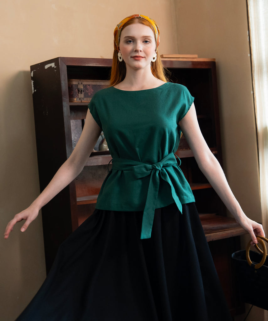 Linen Tie Waist Top | Green