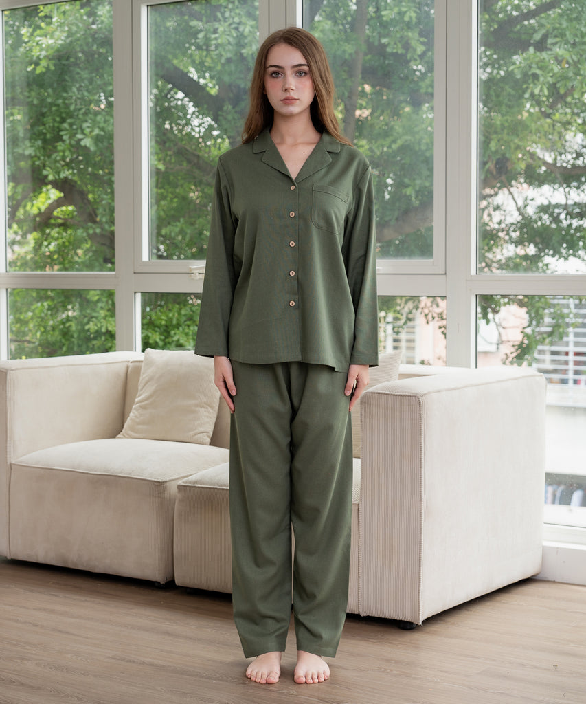 Linen Long Pants Pajamas | Olive