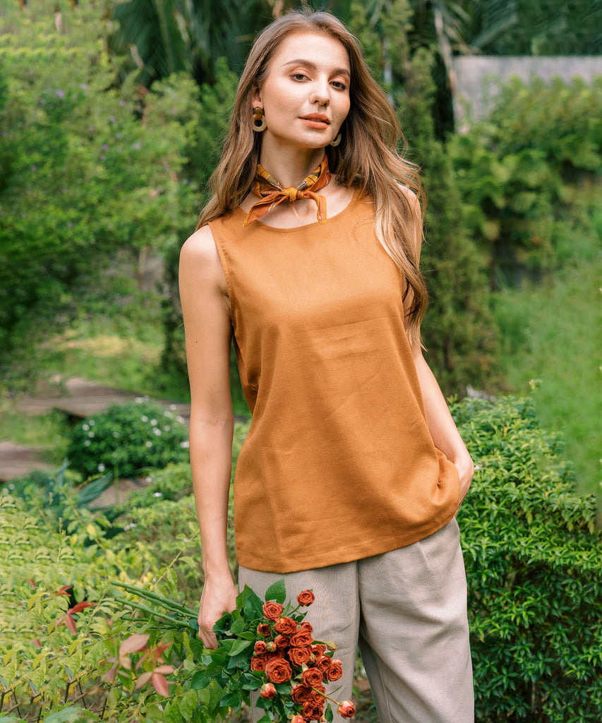 Linen Tank Top Sleeveless In Round Neck | Latte