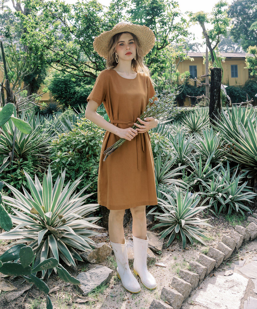 Linen Midi Dress With Belt | Caramel