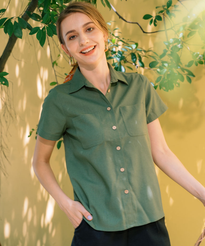 Linen Short Sleeves Shirt | Olive