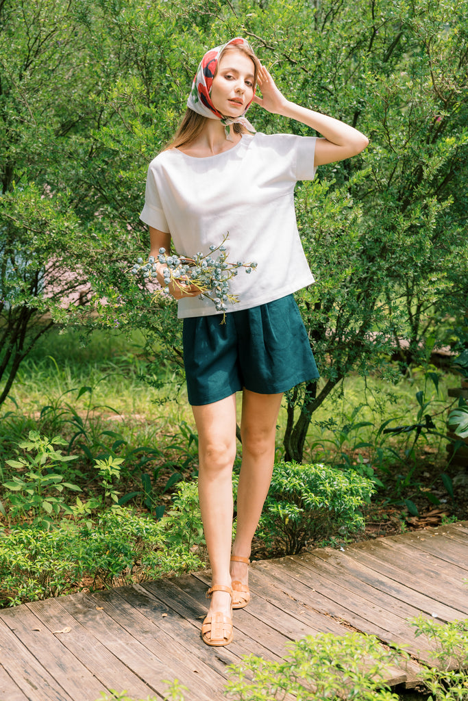 Linen High Waist Shorts | Forest