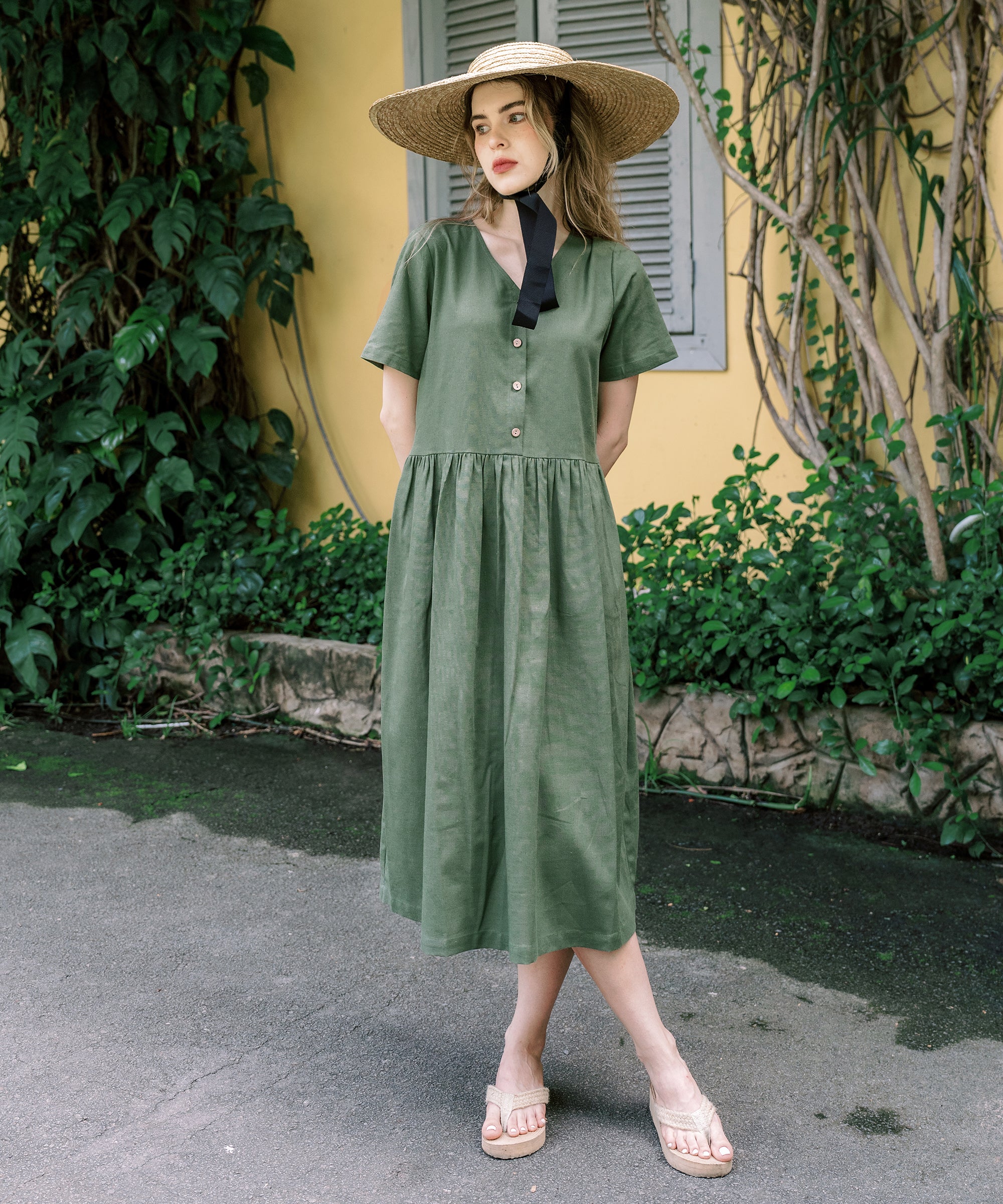 Linen V Neck Loose Dress