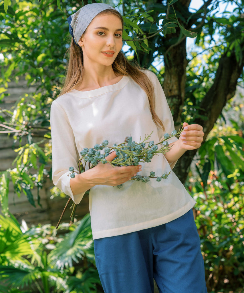 Linen Top Boat-Neck And Elbow Length Sleeves | White