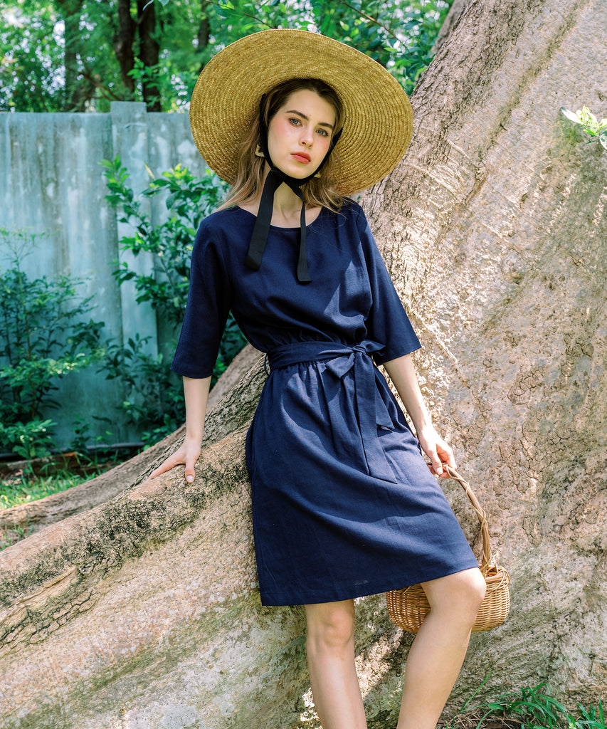 Linen Flare Dress With Belt | Navy