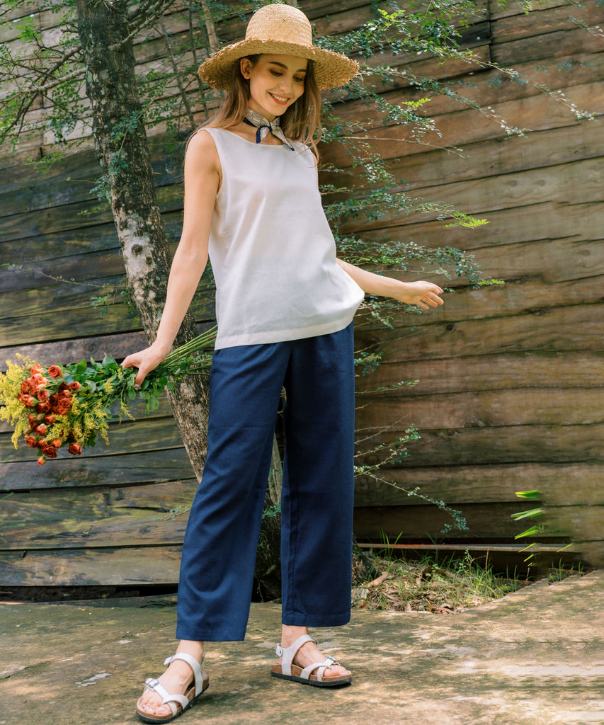 Linen Long Pants - Wide Leg Pants | Navy