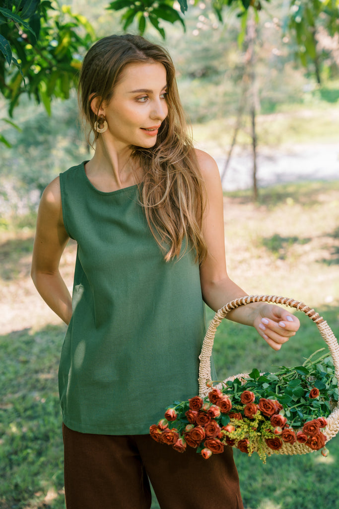 Linen Tank Top Sleeveless In Round Neck | Olive