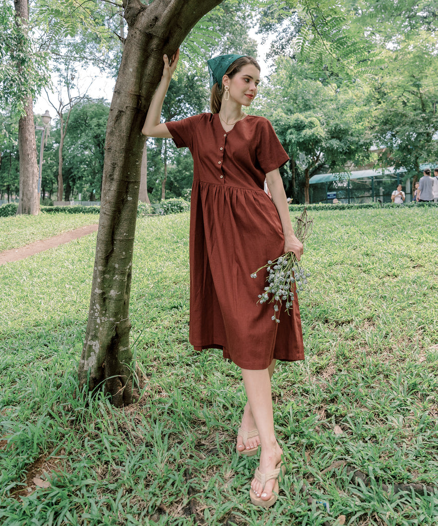 V-Neck Linen Loose Dress | Wood