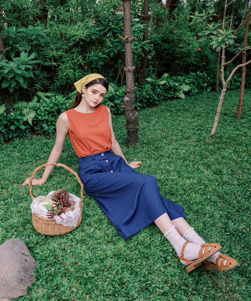 Long Button Down Linen Skirt | Navy