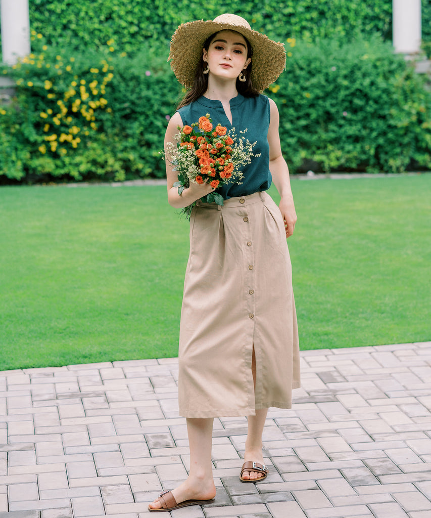 Long Button Down Linen Skirt | Beige