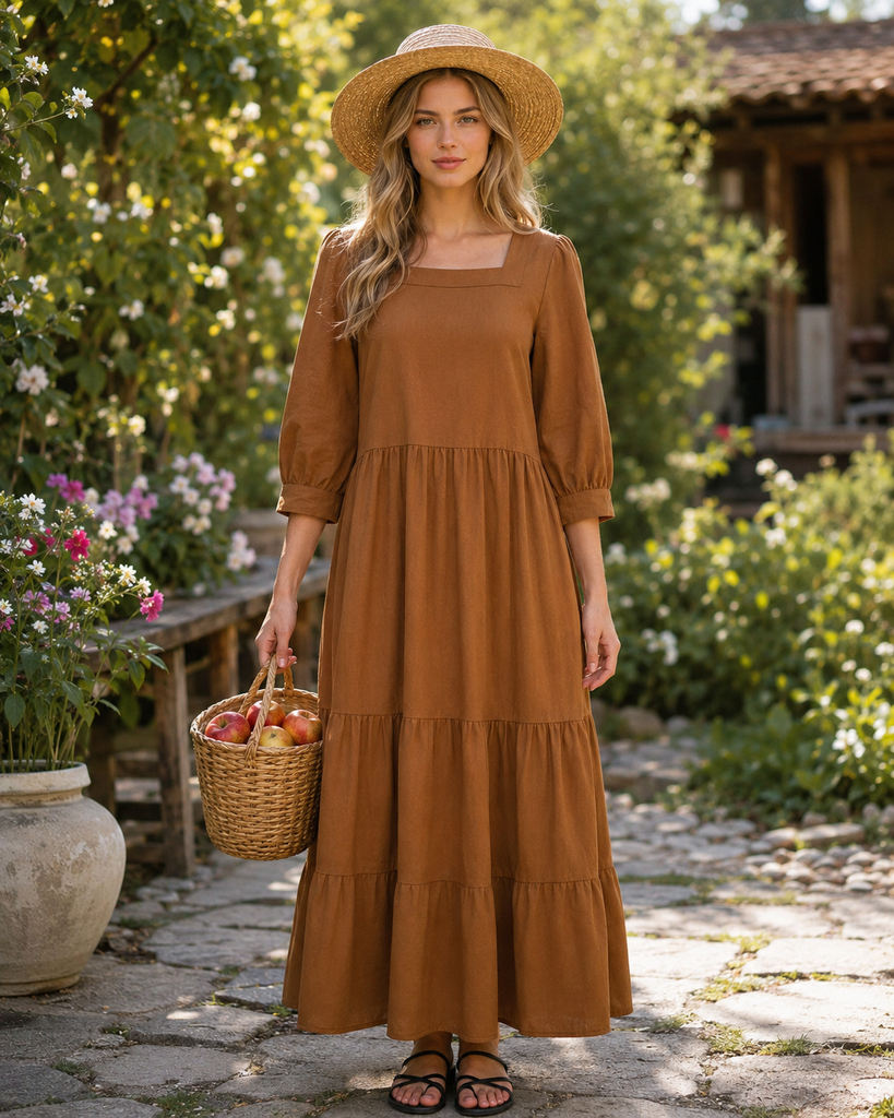 Square Neck Linen Maxi Dress - KAIA Dress | Caramel