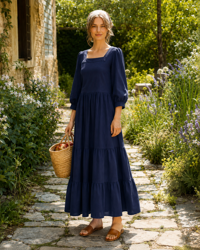 Square Neck Linen Maxi Dress - KAIA Dress | Denim