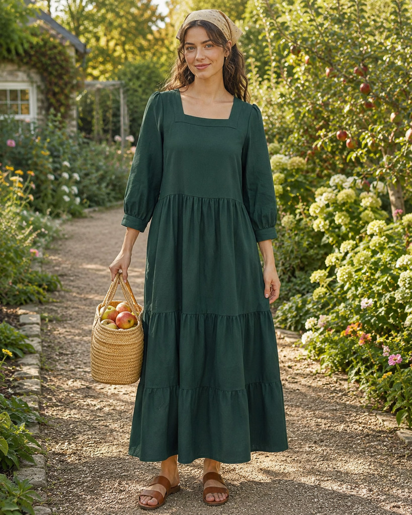 Square Neck Linen Maxi Dress - KAIA Dress | Green