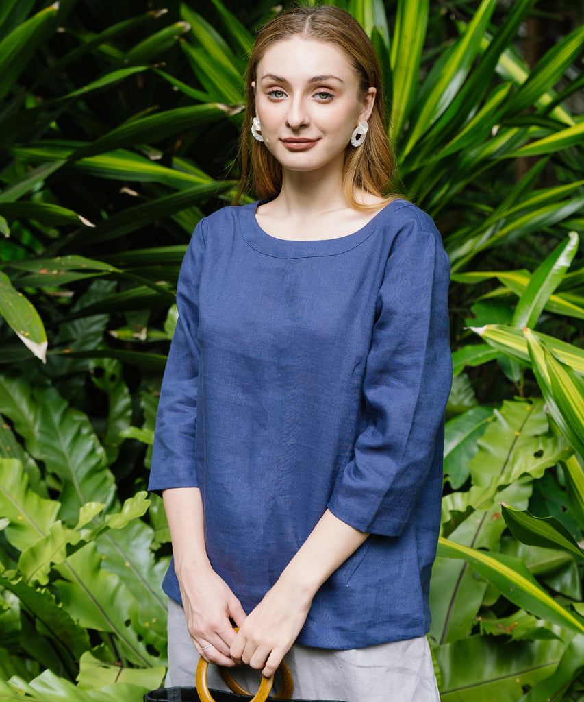 Linen Top Boat-Neck And Elbow Length Sleeves | Navy
