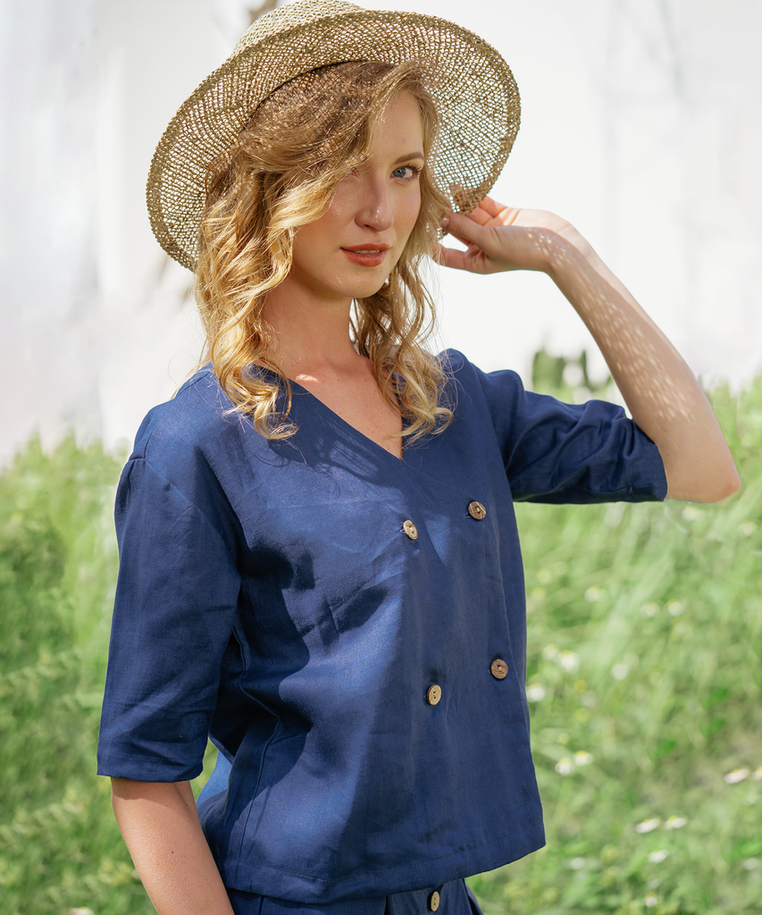 Double Breasted Linen Blouse | Blue