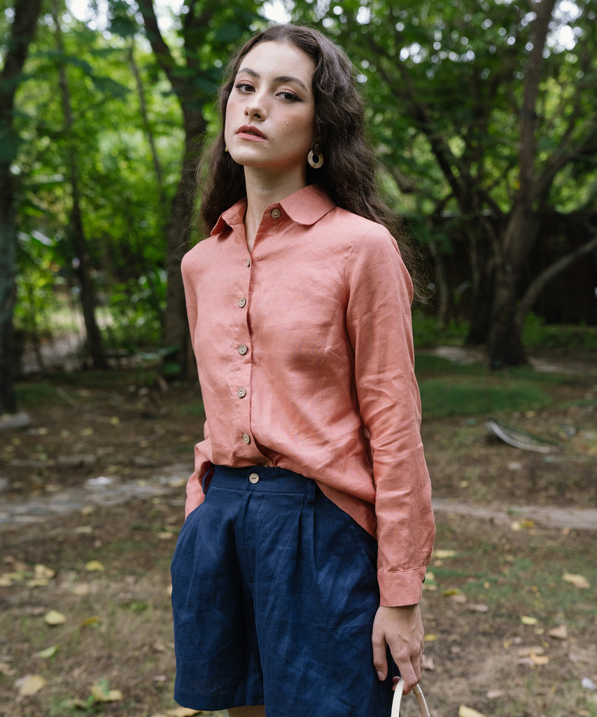 Linen Shirt - Long Sleeves Loose Fit Top | Peach