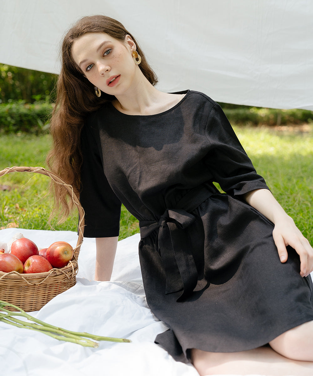 green emerald velvet dress Pleats and Flare Stretchy Linen Mini Dress main image 1