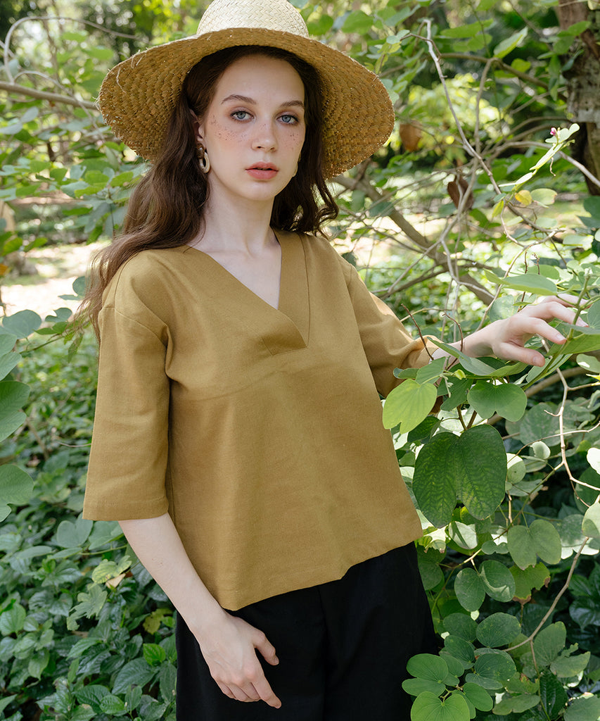 Deep V-Neck Linen Blouse | Dijon